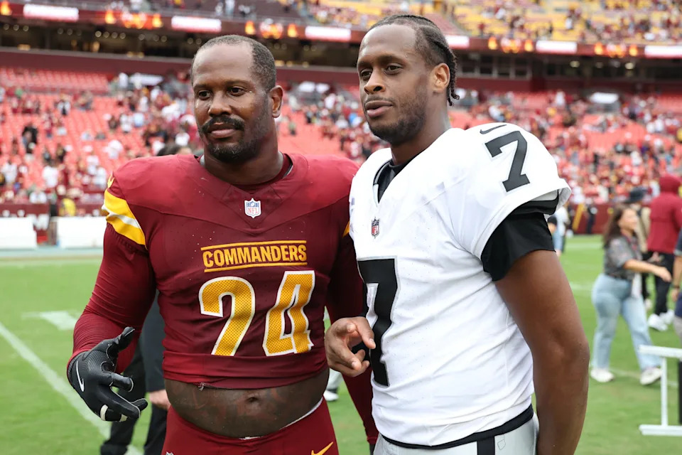 <p>Sep 21, 2025; Landover, Maryland, USA; Washington Commanders outside linebacker Von Miller (24) and Las Vegas Raiders quarterback Geno Smith (7) pose for a picture after their game at Northwest Stadium. Mandatory Credit: Geoff Burke-Imagn Images</p>
