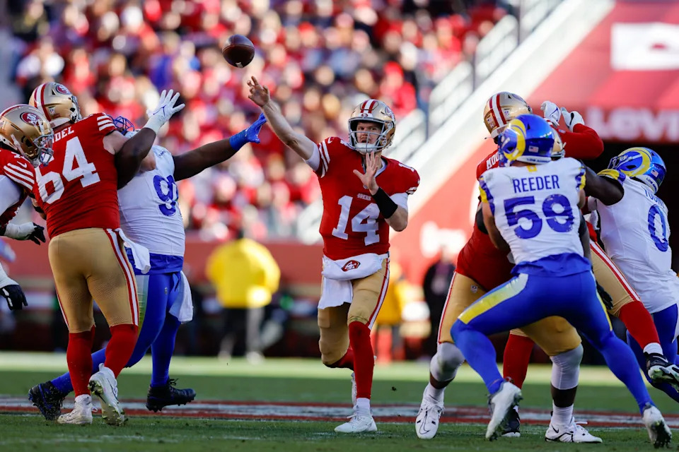 <p>Jan 7, 2024; Santa Clara, California, USA; San Francisco 49ers quarterback Sam Darnold (14) throws a pass during the second quarter against the Los Angeles Rams at Levi’s Stadium. Mandatory Credit: Sergio Estrada-Imagn Images</p><br>