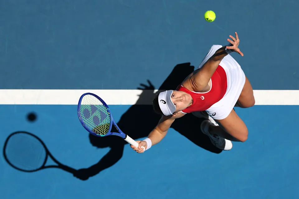 Belinda Bencic of Team Switzerland serves during Day 2 of the United Cup. (Paul Kane/Getty Images)