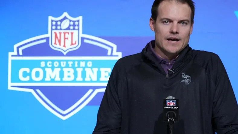 Kevin O’Connell speaks during media availability at the NFL Scouting Combine in Indianapolis.