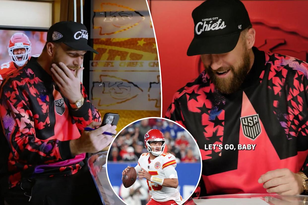An image collage containing 3 images, Image 1 shows Travis Kelce talks about his beard with Patrick Mahomes over Facetime at the Chiefs facility on Monday, Image 2 shows A man wearing a Kansas City Chiefs hat and a red, black, and white star-patterned shirt with a 