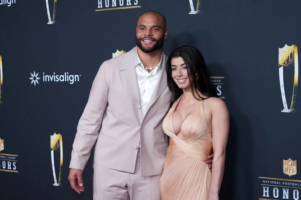 Feb 5, 2026; San Francisco, CA, USA; Dallas Cowboys quarterback Dak Prescott and wife Sarah Jane Ramos pose on the NFL Honors Red Carpet before Super Bowl LX at Palace of Fine Arts. Mandatory Credit: Kirby Lee-Imagn Images© Kirby Lee-Imagn Images&period;