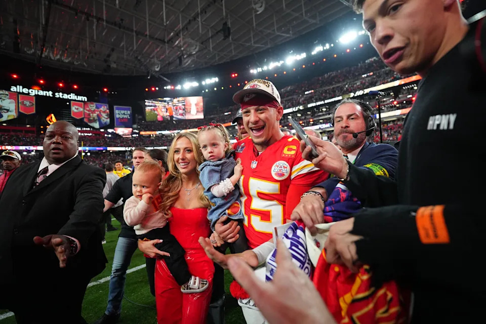 Football: Super Bowl LVIII: Kansas City Chiefs Patrick Mahomes (15) poses with wife Brittany Mahomes and their children Patrick Bronze and Sterling Skye following victory vs San Francisco 49ers at Allegiant Stadium. Las Vegas, NV 2/11/2024 CREDIT: Erick W. Rasco (Photo by Erick W. Rasco/Sports Illustrated via Getty Images) (Set Number: X164496 TK1Erick W&period; Rasco&sol;Getty Images