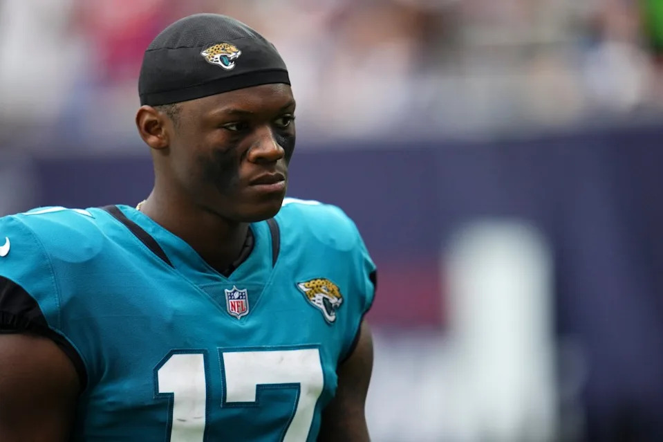 DJ Chark Jr. walks off of the field against the Houston Texans during an NFL game at NRG Stadium on September 12, 2021 in Houston, Texas. Getty Images