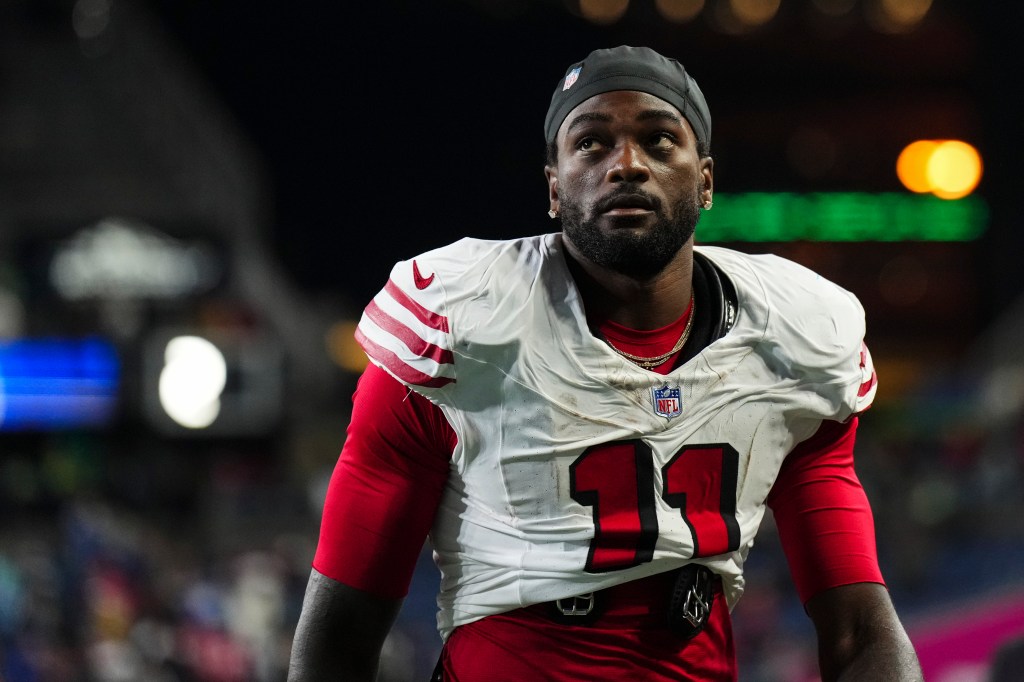 Brandon Aiyuk, #11 of the San Francisco 49ers, walks off the field.