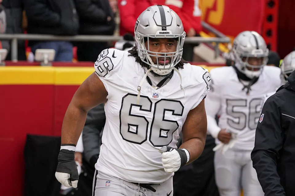 Free agent guard Dylan Parham (66) was a third-round pick of the Las Vegas Raiders in 2022.