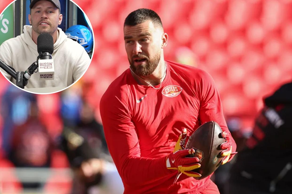 An image collage containing 2 images, Image 1 shows Kansas City Chiefs tight end Travis Kelce (87) catches a pass before an NFL game between the Los Angeles Chargers and Kansas City Chiefs on December 14, 2025 at GEHA Field at Arrowhead Stadium in Kansas City, MO. , Image 2 shows A man wearing a hat and hoodie speaks into a microphone that has 