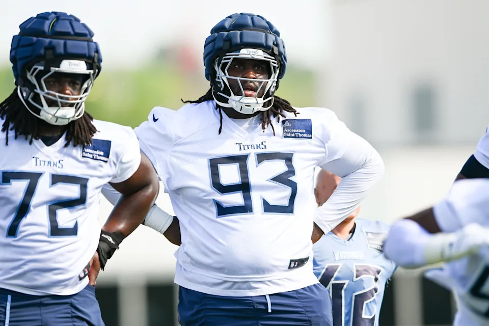 Jul 24, 2025; Nashville, TN, USA; Tennessee Titans defensive tackle T'Vondre Sweat (93) goes through drills during training camp at Ascension Saint Thomas Sports Park. Mandatory Credit: Steve Roberts-Imagn Images