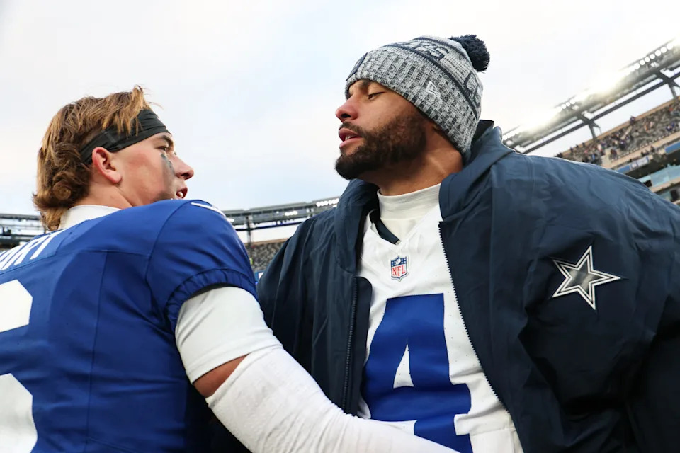 <p>New York Giants quarterback Jaxson Dart greets Dallas Cowboys quarterback Dak Prescott at an NFL game. Mandatory Credit: Vincent Carchietta-Imagn Images</p>