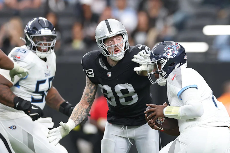 LAS VEGAS, NEVADA - OCTOBER 12: Maxx Crosby #98 of the Las Vegas Raiders rushes Cam Ward #1 of the Tennessee Titans during the fourth quarter in the game at Allegiant Stadium on October 12, 2025 in Las Vegas, Nevada. (Photo by Christian Petersen/Getty Images)