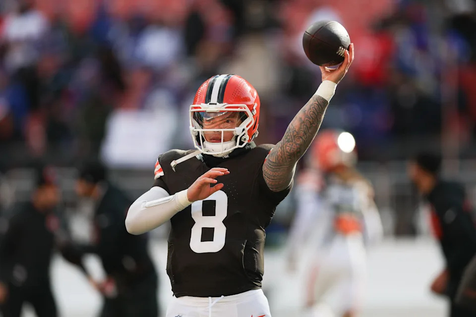 Dec 21, 2025; Cleveland, Ohio, USA; Cleveland Browns quarterback Dillon Gabriel (8) warms up prior to a game against the Buffalo Bills at Huntington Bank Field. Mandatory Credit: Scott Galvin-Imagn Images