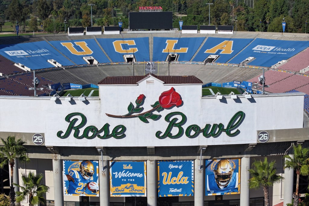 Aerial view of the Rose Bowl stadium in Pasadena, California, with UCLA branding.