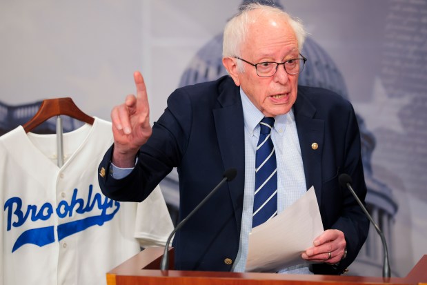 Sen. Bernie Sanders speaks in the U.S. Capitol on March 26, 2026 in Washington. Sanders and Rep. Greg Casar introduced a bill to protect sports fans and taxpayers from professional sports team relocations. (Heather Diehl/Getty)