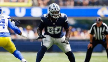 Dallas Cowboys linebacker in action during a game at AT&T Stadium, showcasing team defense and key plays.