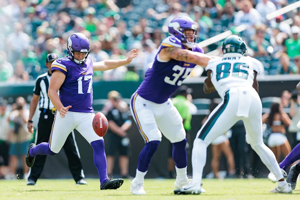 Aug 24, 2024; Philadelphia, Pennsylvania, USA; Minnesota Vikings punter Ryan Wright (17) punts the ball against the Philadelphia Eagles during the third quarter at Lincoln Financial Field. Mandatory Credit: Caean Couto-USA TODAY Sports
