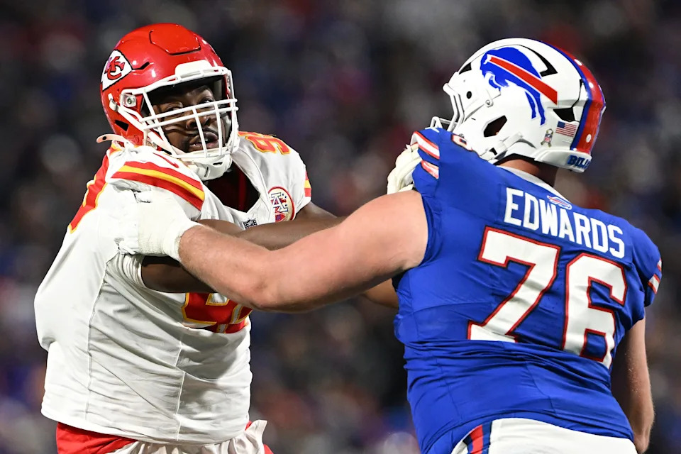 ORCHARD PARK, NEW YORK - NOVEMBER 02: Chris Jones #95 of the Kansas City Chiefs and David Edwards #76 of the Buffalo Bills compete during the third quarter in the game at Highmark Stadium on November 02, 2025 in Orchard Park, New York. (Photo by Jason Miller/Getty Images)