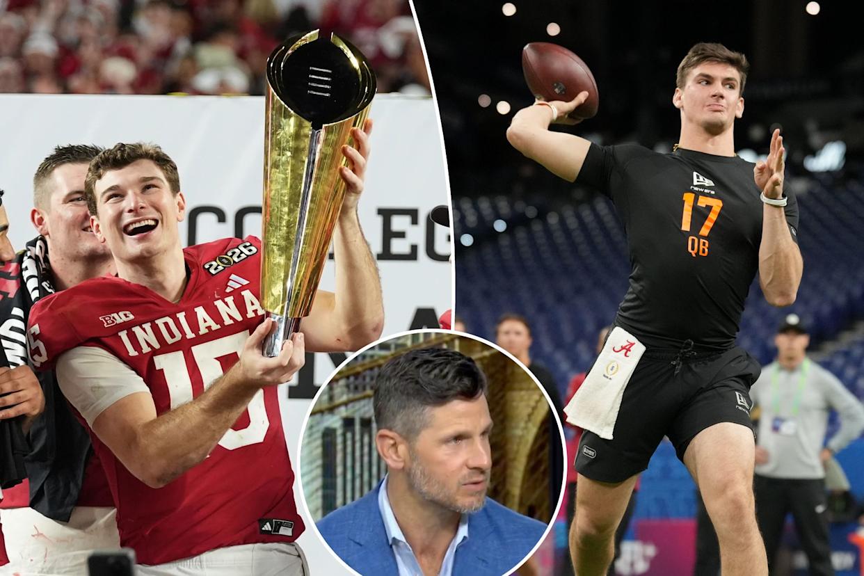 An image collage containing 3 images, Image 1 shows Fernando Mendoza and other football players celebrating with a trophy, Image 2 shows A football player in a black shirt with “17 QB” in orange is throwing a football, Image 3 shows Dan Orlovsky discussing Ty Simpson
