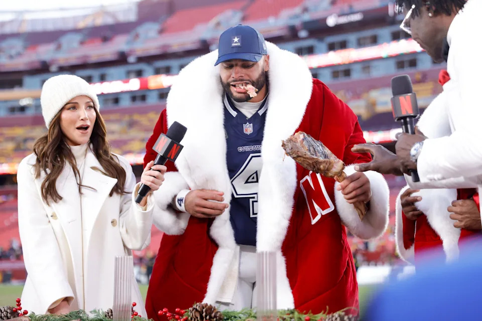 <p>Dallas Cowboys quarterback Dak Prescott eats a steak as Kay Adams reacts after an NFL game. Mandatory Credit: Amber Searls-Imagn Images</p>