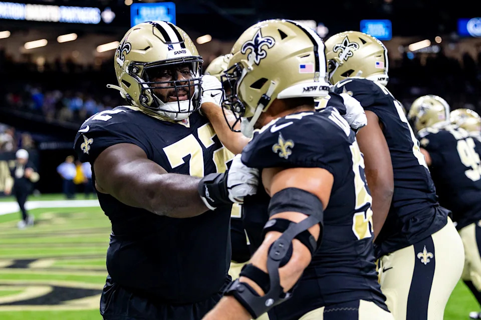 Aug 25, 2024; New Orleans, Louisiana, USA; New Orleans Saints offensive tackle Josiah Ezirim (72) during the warmups before the game against the Tennessee Titans at Caesars Superdome. Mandatory Credit: Stephen Lew-USA TODAY Sports