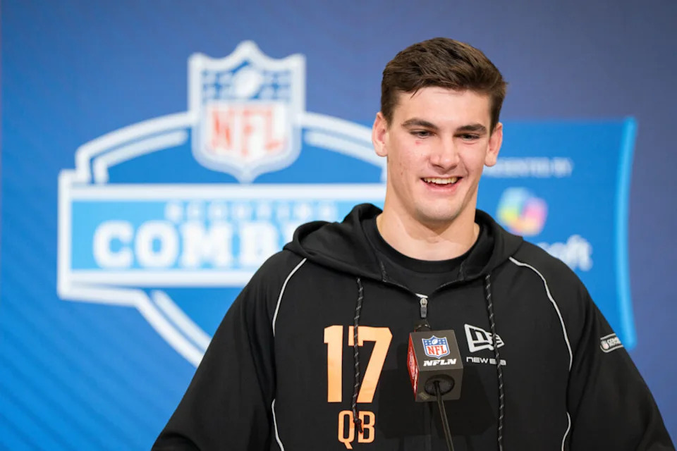 Feb 27, 2026; Indianapolis, IN, USA; Alabama quarterback Ty Simpson (QB17) speaks to members of the media during the NFL Combine at the Indiana Convention Center. Mandatory Credit: Jacob Musselman-Imagn Images