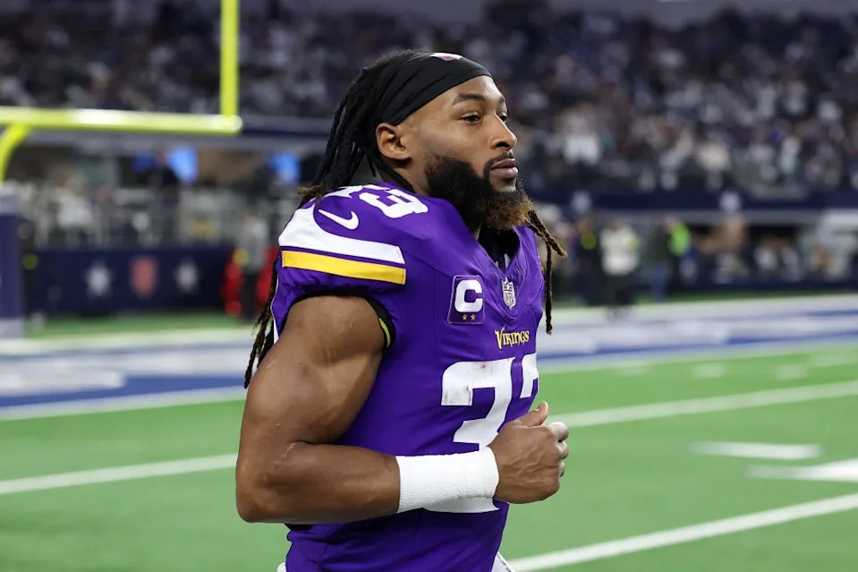 Aaron Jones Sr. participates in warmups before a game against the Dallas Cowboys at AT&T Stadium on December 14, 2025 in Arlington, Texas. Getty Images