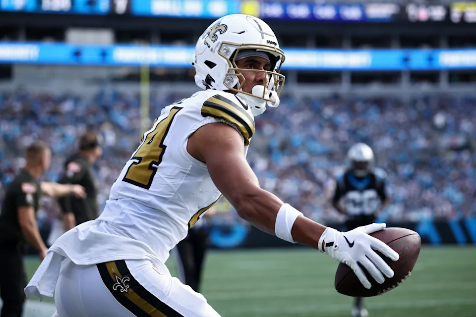CHARLOTTE, NORTH CAROLINA - NOVEMBER 09: Devaughn Vele #14 of the New Orleans Saints celebrates a catch against the Carolina Panthers during the first half in the game at Bank of America Stadium on November 09, 2025 in Charlotte, North Carolina. (Photo by Jared C. Tilton/Getty Images)