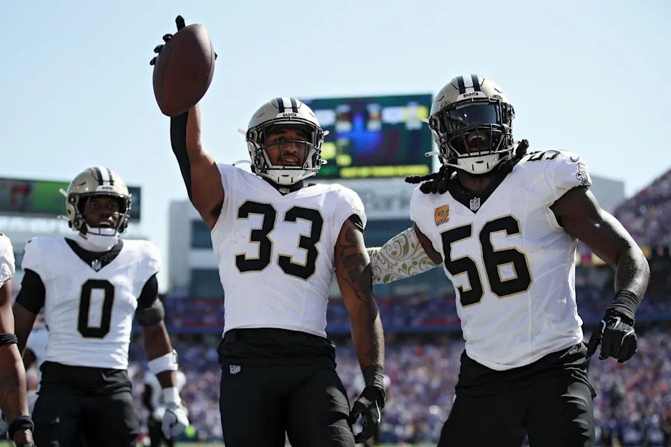 ORCHARD PARK, NEW YORK - SEPTEMBER 28: Jonas Sanker #33 of the New Orleans Saints celebrates after an interception during the second quarter against the Buffalo Bills at Highmark Stadium on September 28, 2025 in Orchard Park, New York. (Photo by Bryan M. Bennett/Getty Images)