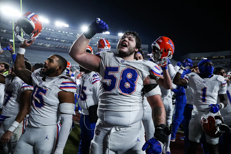 TALLAHASSEE, FLORIDA - NOVEMBER 30: Austin Barber #58 of the Florida Gators celebrates after a game against the Florida State Seminoles of a game at Doak Campbell Stadium on November 30, 2024 in Tallahassee, Florida. (Photo by James Gilbert/Getty Images)