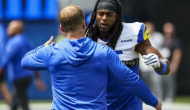 Los Angeles Rams wide receiver Davante Adams (17) hugs coach Sean McVay before the game against the Houston Texans at SoFi Stadium.