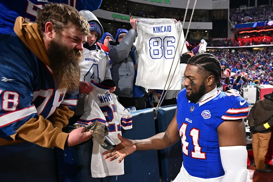 Jan 4, 2026; Orchard Park, New York, USA; Buffalo Bills fullback Reggie Gilliam (41) signs autographs after the game against the New York Jets at Highmark Stadium. Mandatory Credit: Mark Konezny-Imagn Images