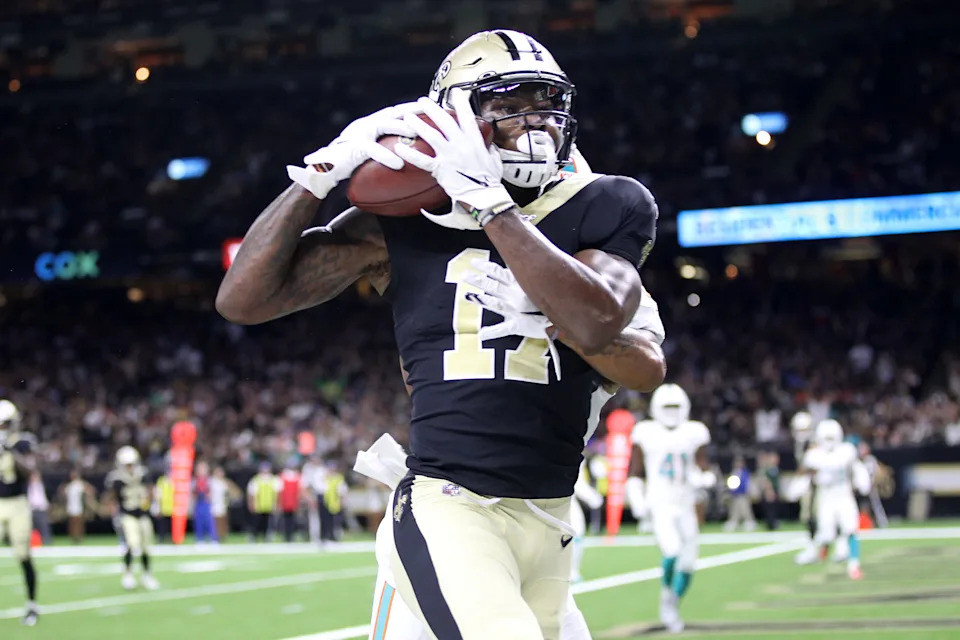 NEW ORLEANS, LOUISIANA - AUGUST 29: Emmanuel Butler #17 of the New Orleans Saints scores a touchdown against the Miami Dolphins at Mercedes Benz Superdome on August 29, 2019 in New Orleans, Louisiana. (Photo by Chris Graythen/Getty Images)