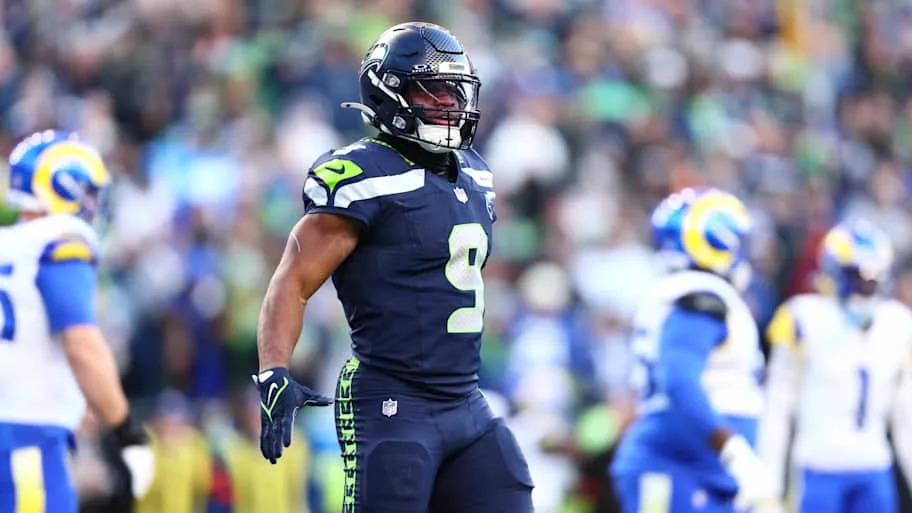 Seattle Seahawks running back Kenneth Walker III celebrates after running for a touchdown