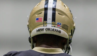 Detailed view of the New Orleans Saints helmet