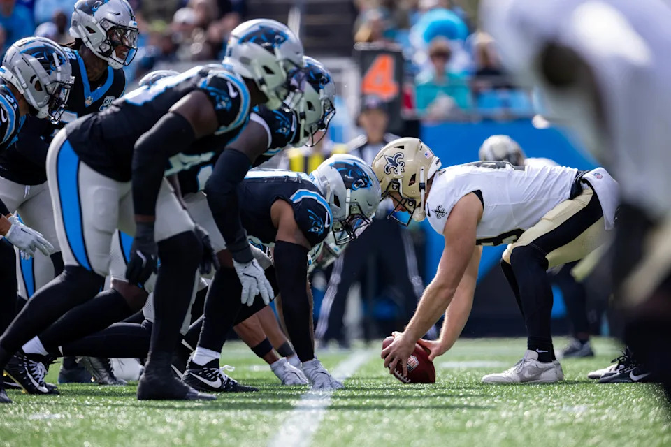 Nov 3, 2024; Charlotte, North Carolina, USA; Carolina Panthers line up against New Orleans Saints long snapper Zach Wood (49) during a punt in the second quarter at Bank of America Stadium. Mandatory Credit: Scott Kinser-Imagn Images