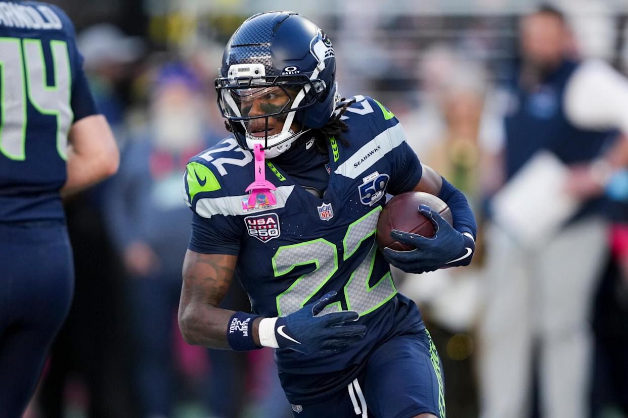 Seattle Seahawks wide receiver Rashid Shaheed carries the ball.