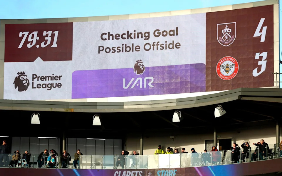 A VAR check on the shot of Burnley's Zian Flemming during the Premier League match at Turf Moor