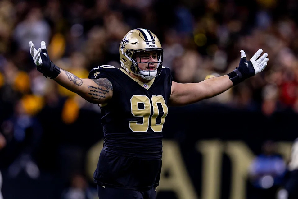 Nov 17, 2024; New Orleans, Louisiana, USA; New Orleans Saints defensive tackle Bryan Bresee (90) reacts to sacking Cleveland Browns quarterback Jameis Winston (5) during the second half at Caesars Superdome. Mandatory Credit: Stephen Lew-Imagn Images