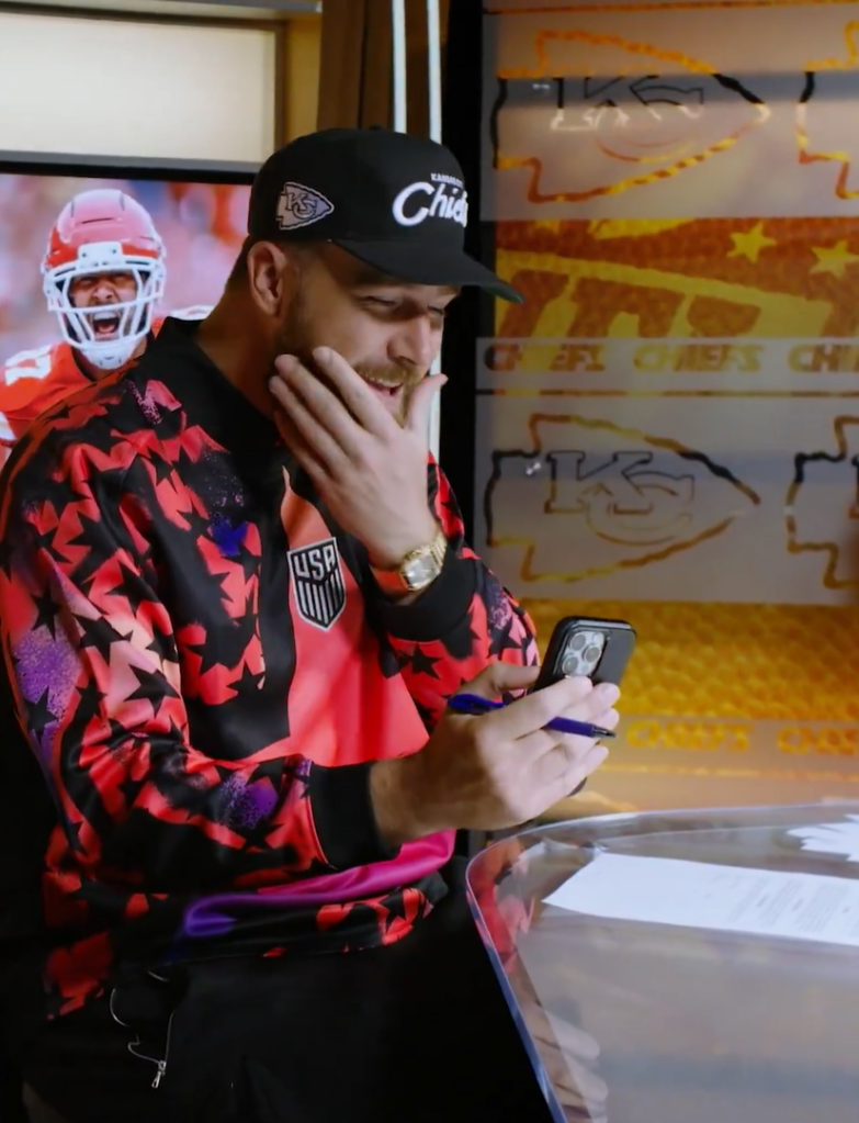 Travis Kelce talks about his beard with Patrick Mahomes over FaceTime at the Chiefs facility on Monday. X @Chiefs