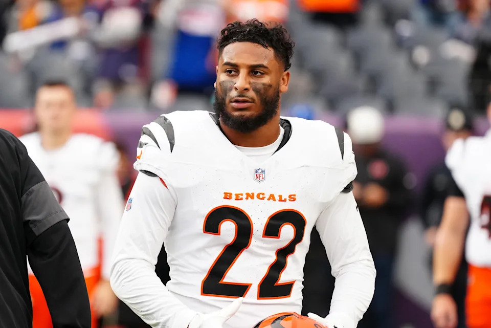 Sep 29, 2025; Denver, Colorado, USA; Cincinnati Bengals safety Geno Stone (22) looks on before the game against the Denver Broncos at Empower Field at Mile High. Mandatory Credit: Ron Chenoy-Imagn Images