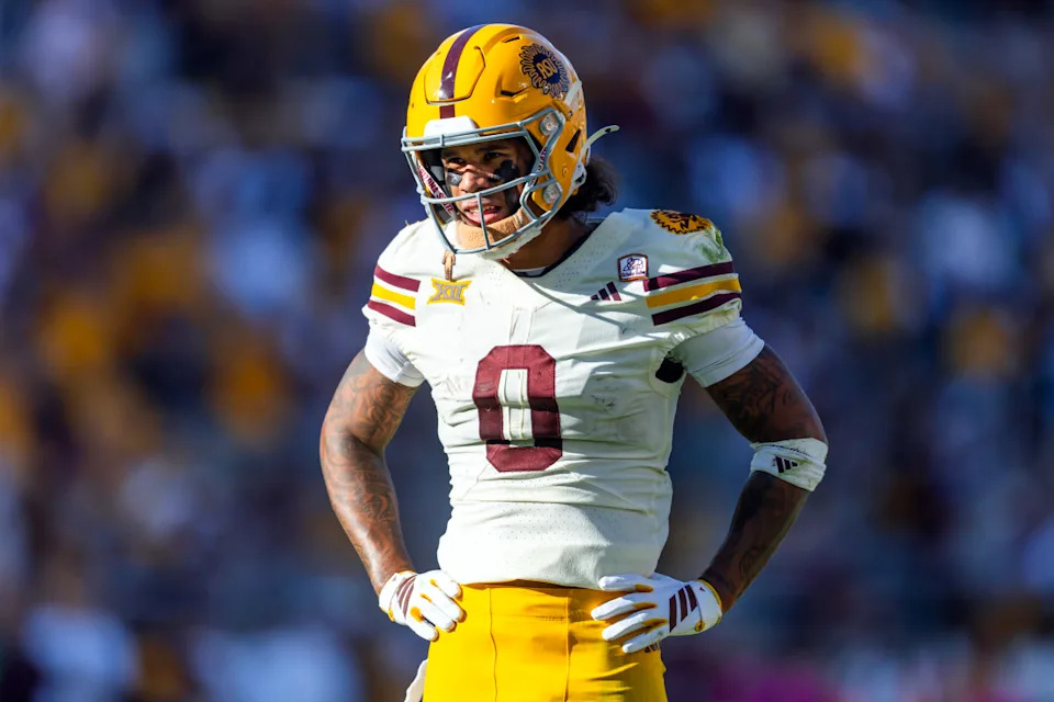 Oct 18, 2025; Tempe, Arizona, USA; Arizona State Sun Devils wide receiver Jordyn Tyson (0) against the Texas Tech Red Raiders at Mountain America Stadium. Mark J&period; Rebilas-Imagn Images