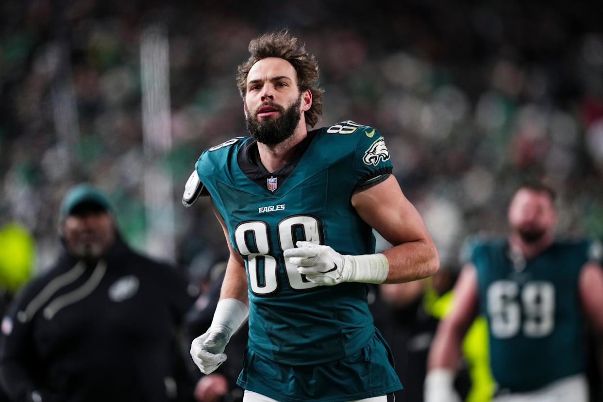Dallas Goedert exits the field during an NFL wild card playoff football game against the San Francisco 49ers at Lincoln Financial Field on January 11, 2026 in Philadelphia, Pennsylvania. 