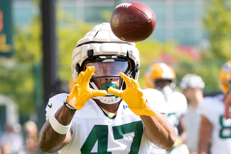 Aug 16, 2022; Ashwaubenon, WI, USA; Green Bay Packers tight end Alize Mack (47) looks to catch a pass at training camp on Tuesday, Aug. 16, 2022, at Ray Nitschke Field in Ashwaubenon, Wis. Mandatory Credit: Samantha Madar-USA TODAY Sports