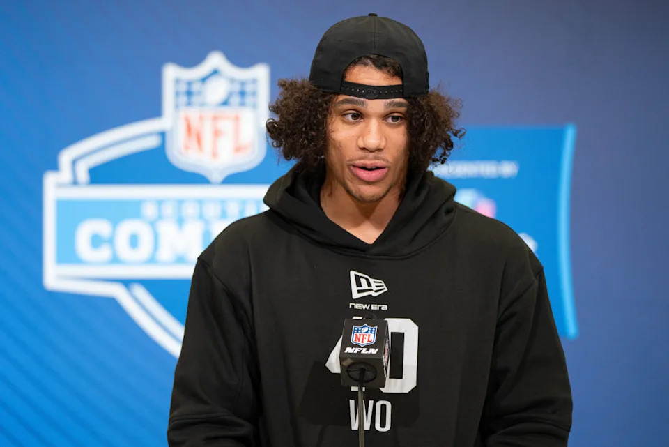 Feb 27, 2026; Indianapolis, IN, USA; Arizona State wideout Jordyn Tyson (WO40) speaks to members of the media during the NFL Combine at the Indiana Convention Center. Mandatory Credit: Jacob Musselman-Imagn Images© Jacob Musselman-Imagn Images.