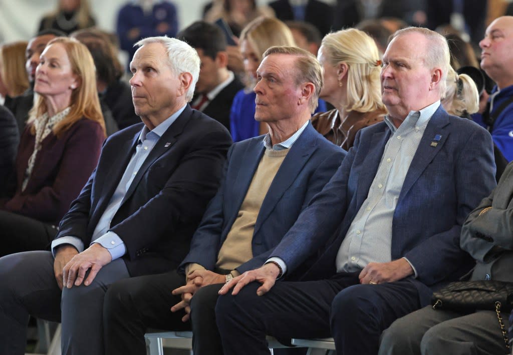 From left: Giants co-owners Steve Tisch, Chris Mara and John Mara during a press conference where John Harbaugh was introduced as the new Giants head coach on Jan. 20, 2026. Charles Wenzelberg / New York Post