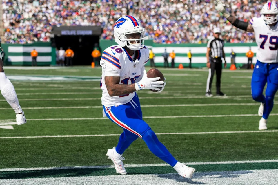 Bills wide receiver Elijah Moore (18) scores a touchdown during a game last season. Corey Sipkin for the NY POST