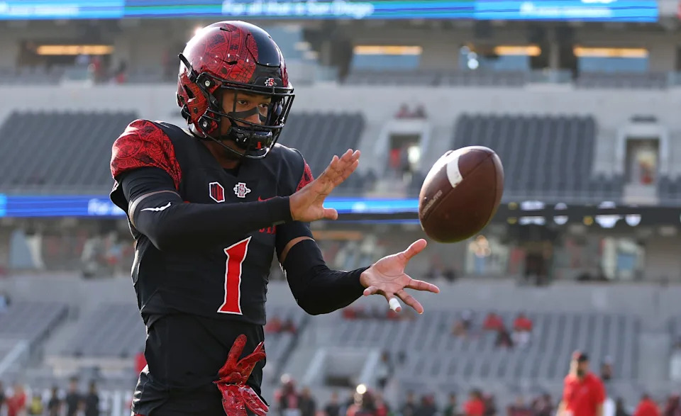 Oct 5, 2024; San Diego, California, USA; San Diego State Aztecs cornerback Chris Johnson (1) warms up before the game against the Hawaii Rainbow Warriors at Snapdragon Stadium. Mandatory Credit: Abe Arredondo-Imagn Images