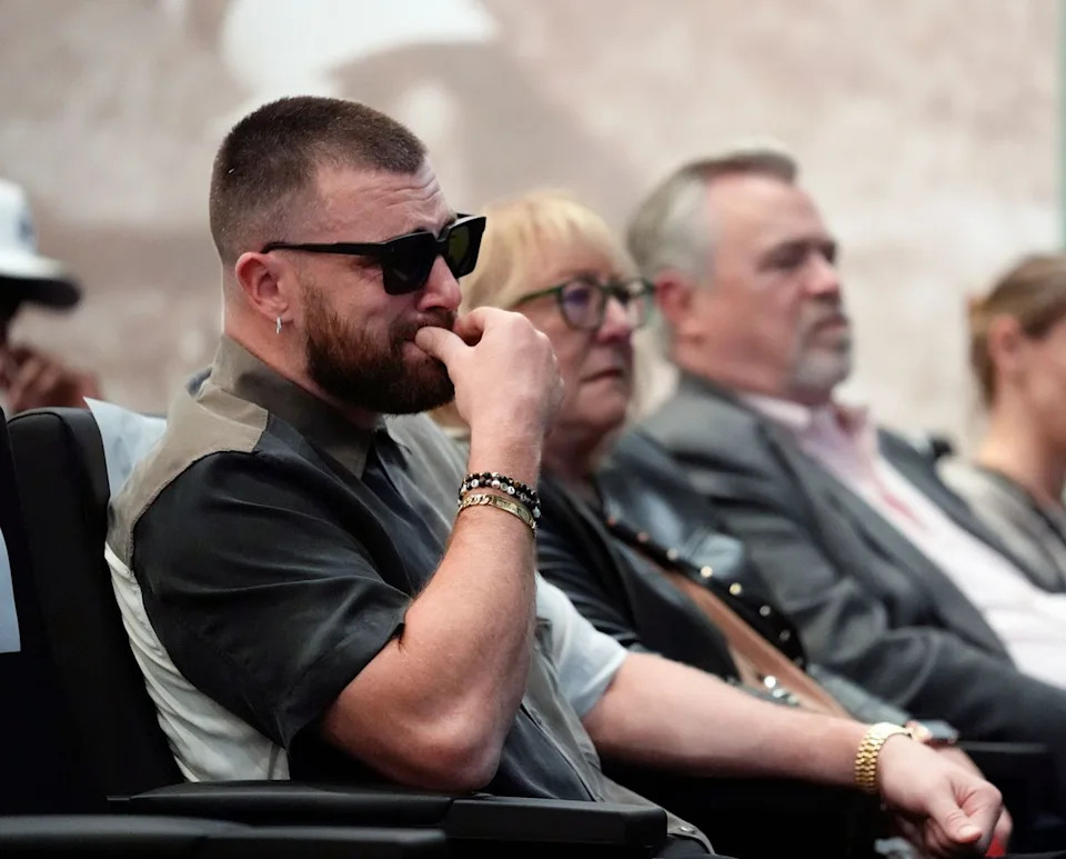 Travis Kelce was emotional at his brother Jason Kelce's retirement announcement.Credit: AP Photo/Matt Rourke