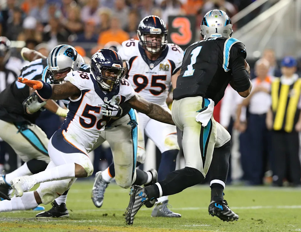 <p>Feb 7, 2016; Santa Clara, CA, USA; Denver Broncos linebacker Von Miller (58) sacks Carolina Panthers quarterback Cam Newton (1) in Super Bowl 50 at Levi’s Stadium. Mandatory Credit: Matthew Emmons-Imagn Images</p>