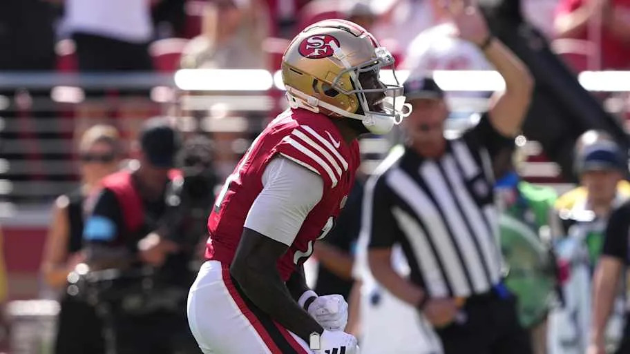 Aiyuk reacts after catching a pass against the Arizona Cardinals during the second quarter at Levi's Stadium.