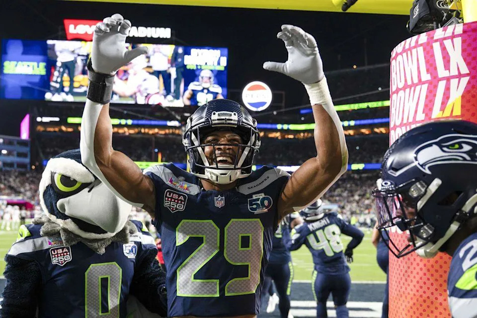 Seattle Seahawks cornerback Josh Jobe (29) leads the defensive celebration during the third quarter of Super Bowl LX at Levi's Stadium on Feb. 8, 2026 in Santa Clara, Calif.